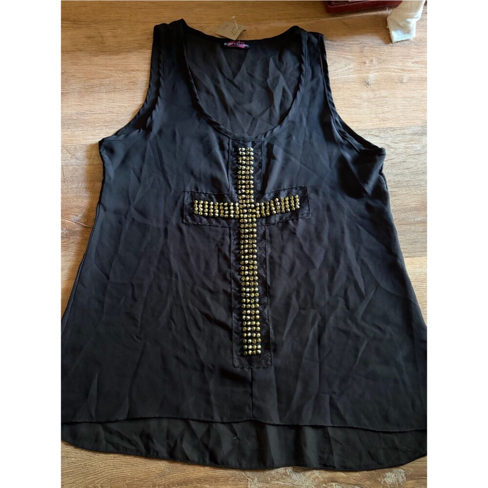 Body Central Y2K Black Sheer Gothic Top with Spiked Cross
